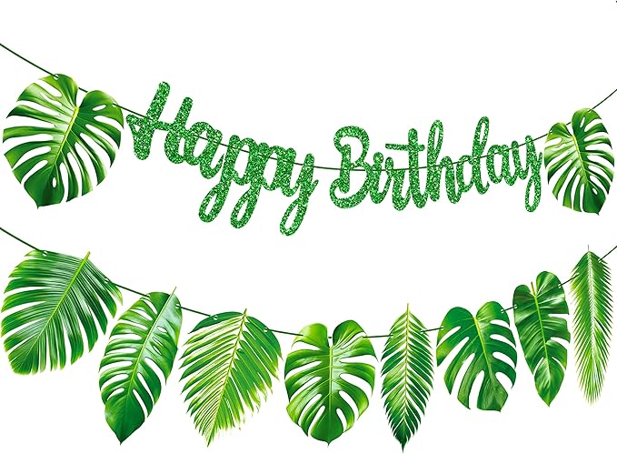 Tropical Birthday Decorations Green Palm Leaf Happy Birthday Banners Hawaiian Luau Birthday Decorations for Summer Theme Birthday Party Jungle Baby Shower Supplies