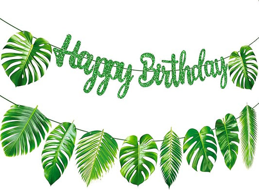 Tropical Birthday Decorations Green Palm Leaf Happy Birthday Banners Hawaiian Luau Birthday Decorations for Summer Theme Birthday Party Jungle Baby Shower Supplies