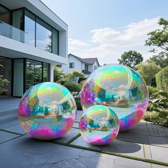 3PCS Inflatable Mirror Ball Set,Reusable Mirror Ball Large Event Decoration PVC Disco Ball with Electric Pump for Party,Concerts,Stage,Wedding Decorations(Iridescent, 3pcs:19.7In+31.5In+47.2In+Pump)