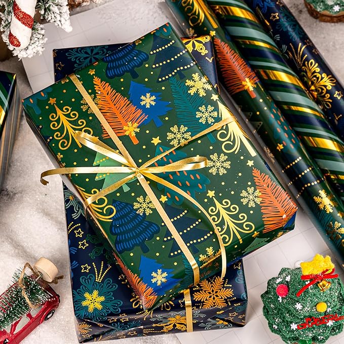MAYPLUSS Christmas Wrapping Paper - 17 In x 120 In Per Roll - Vintage Navy Snowflake, Emeraled Green Chritmas Tree & Gold Stripe Design Holiday Gift Wrap w/Metallic Foil Shine for Festive Celebration