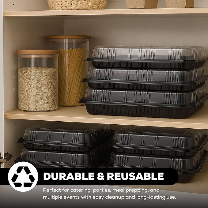 6 Pack Catering Trays with Lids – 13" Serving Tray with Lid, Heavy Duty Recyclable Plastic Party Platters for Catering, Buffet, Picnics & Events – Food Trays with Clear Lid (13.39 × 9.84 × 2.95 inch)