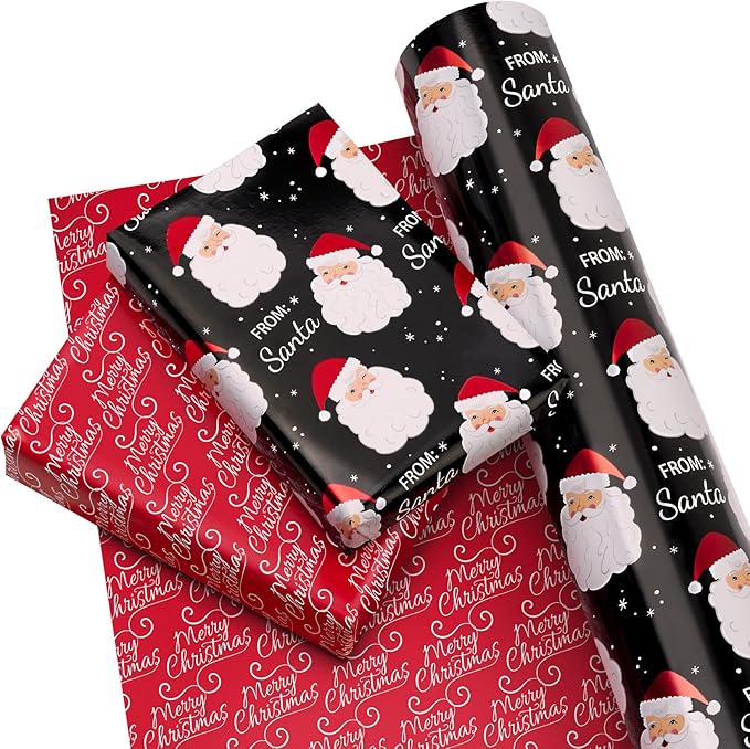 WRAPAHOLIC 30 Inch Jumbo Reversible Vintage Christmas Wrapping Paper - 30 Inch x 33 Feet - Black Jolly Santa Wrapping Paper and Red Merry Christmas Design with Metallic Foil Shine for Holiday, Party