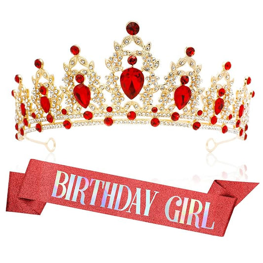 Birthday Crown Headband Birthday Sash Tiaras for Women Red Crown Princess Tiara Red Tiara Birthday Tiara for Women Tiara Headbands for Women Birthday Sash and Crown for Birthday Party, Gold+Red
