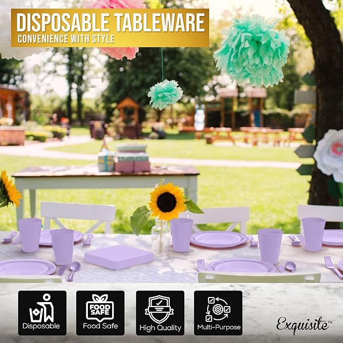 Party Solids 350 Pieces Lavender Plastic Plates For Party, Lavender Disposable Plates Set, 50 Of Each 9" Dinner Plate Set, 7" Dessert Plate, Cups, Napkins & Cutlery Plastic Dinnerware