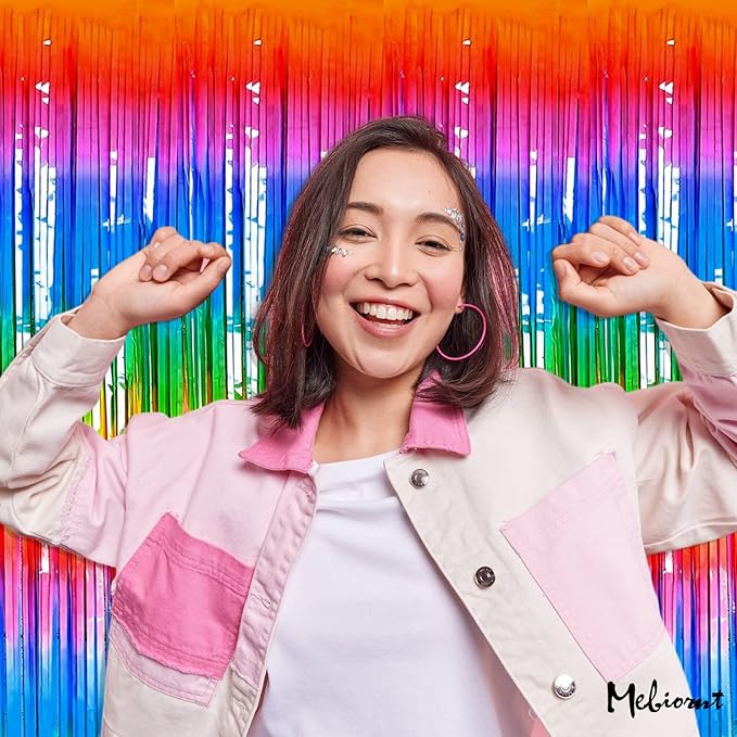 4 Pack Dark Rainbow Fringe Curtain Backdrop, 3.2Ft x 9.8Ft Metallic Tinsel Foil Fringe Streamers Background for Photo Booth Birthday Wedding Baby Shower Carnival Easter Mother’s Day Party Decorations