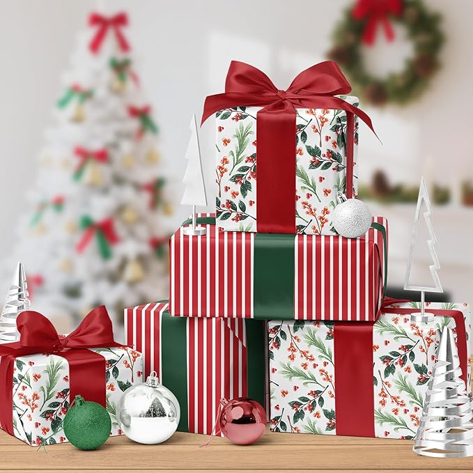 LaRibbons Reversible Christmas Wrapping Paper Jumbo Roll, Vintage Red Berries & Red Candy Cane Stripe Gift Wrap for Christmas, Season Party, Xmas, 30 Inch × 33 Feet