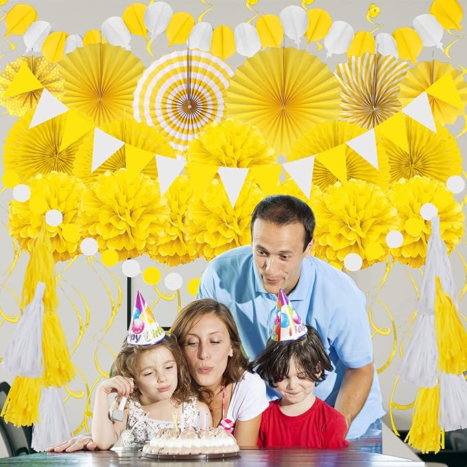 ZERODECO Party Decorations, 41 Pcs Yellow Papar Fans Pompoms Garlands String Tissue Paper Tassel for Graduation Congrats Grad New Years Spring Festival Wedding Birthday Party