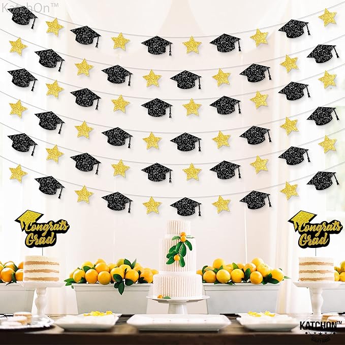 KatchOn, Graduation Cap Garland - 10 Feet, No DIY | Grad Garland Class of 2025, Black and Gold Grad Decorations 2025 | Grad Cap Decor for Graduation Decorations 2025