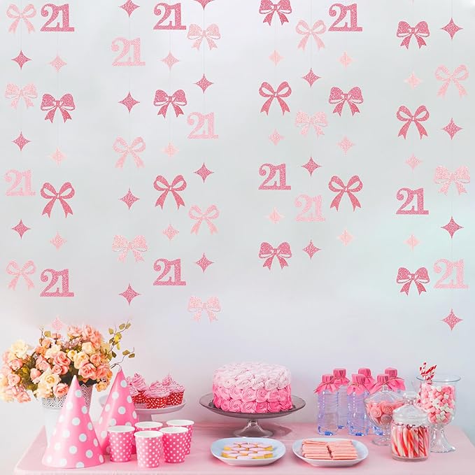 Glitter Pink 21st Bow Birthday Decorations Hot Pink Conquette Bow Garland Streamer Banner Backdrop for Girls Happy 21st Birthday Finally Legal Cheers to 21 Years Old Anniversary Party Supplies
