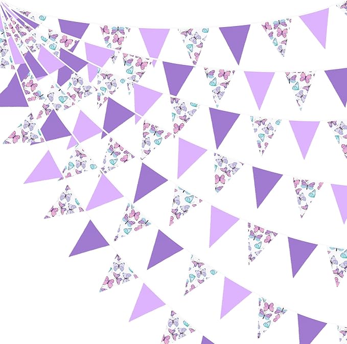 32Ft Pink Purple Butterfly Triangle Flag Fabric Banner Pennant Garland Streamer for Birthday Wedding Baby Shower Lavender Mermaid Girls Tea Party Decor