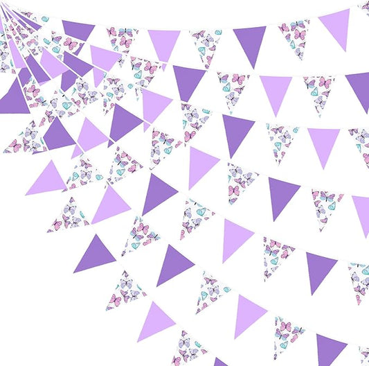 32Ft Pink Purple Butterfly Triangle Flag Fabric Banner Pennant Garland Streamer for Birthday Wedding Baby Shower Lavender Mermaid Girls Tea Party Decor