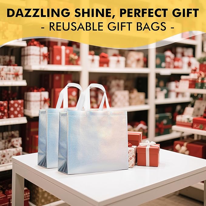 RACETOP 15 Pcs Iridescent Glossy Gift Bags Large Size, 13x5x11 Inch Holographic Reusable Gift Bags with Handles & Sturdy Base, Ideal for Birthday, Wedding, Bachelorette, Party Favors, Holiday Goodie