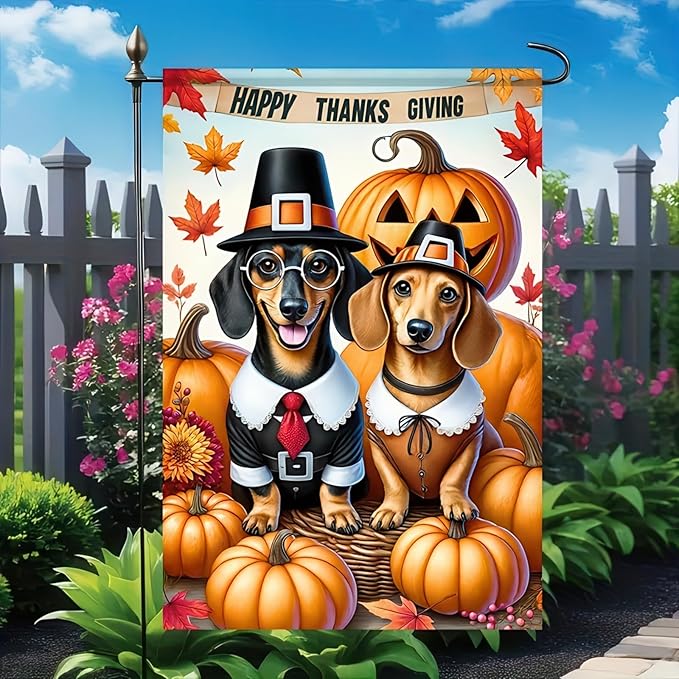 Thanksgiving Dachshund Garden Flag 12x18 Double Sided Fall Harvest Dog Lover Yard Flag Autumn Pumpkin Outdoor Decorations Cute Pilgrim Dogs Welcome Banner Farmhouse Thanksgiving Garden Decor