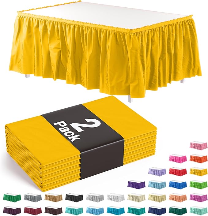 Exquisite Ruffle Table Skirt Yellow 2 Pack 14 Ft Long Table Skirts for Rectangle Tables 6ft Plus or Round Tables Skirts with Adhesive Strip for Gender Reveal Decor & Happy Birthday Parties