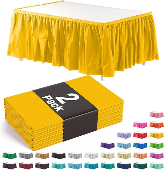 Exquisite Ruffle Table Skirt Yellow 2 Pack 14 Ft Long Table Skirts for Rectangle Tables 6ft Plus or Round Tables Skirts with Adhesive Strip for Gender Reveal Decor & Happy Birthday Parties
