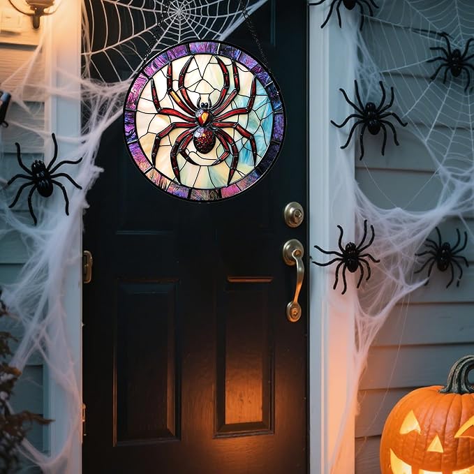 Stained Glass Window Hanging - Halloween Decorations Red Spider Goth Suncatcher for Doors Garden Indoor Funny Spooky Sun Catchers Gothic Decor Horror Gifts for Women Men Friend 9.8 in