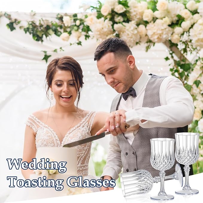 XUWAIDSGN 24 Pcs 7oz Plastic Vintage Wine Glasses Drinking Glasses Unbreakable Wedding Glassware Crystal Water Goblets Reusable Drinkware Vintage Champagne Flutes (24, Clear)