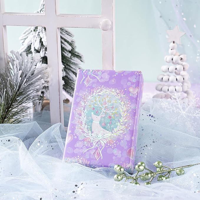 WRAPAHOLIC Reversible Purple Christmas Wrapping Paper - Mini Roll - 17 Inch x 33 Feet - Purple Reindeer and Christmas Garland with with Metallic Foil Shine for Holiday, Party Celebration