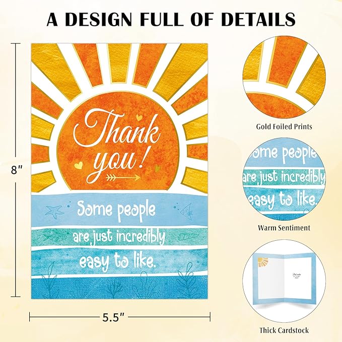 Thank You Card - Sunrise & Ocean Design Premium Greeting Card Suitable Appreciation Gift for Friends, Coworkers, Farewells or Just Because, (5.5x8 Inch Envelope Included)