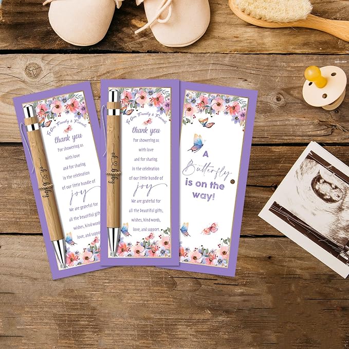 Baby Shower Favors for 30 Guests, 30 Pcs Thank You Gifts, Baby Shower Sets Included Bamboo Pens Greeting Cards, Gender Reveal Souvenirs Prizes, Butterflies Gender Reveal Decor