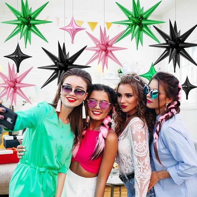 18 Pcs Pink Green Star Balloons, Black Green Pink Balloon with 6 Pcs 22-Inch Explosion Star Balloons 12Pcs 10-Inch Four Pointed Stars Foil Balloon for Wedding Forest Spring Birthday Party Decor
