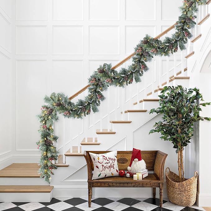 Glitzhome Set of 4 Prelit Christmas Garlands, 6FT Glittered Pinecones and Berries Green Pine Christmas Garlands with 50 Warm White Lights and Timer for Holiday Party Hanging Christmas Decorations