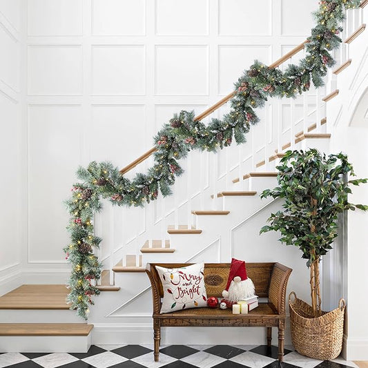 Glitzhome Set of 4 Prelit Christmas Garlands, 6FT Glittered Pinecones and Berries Green Pine Christmas Garlands with 50 Warm White Lights and Timer for Holiday Party Hanging Christmas Decorations