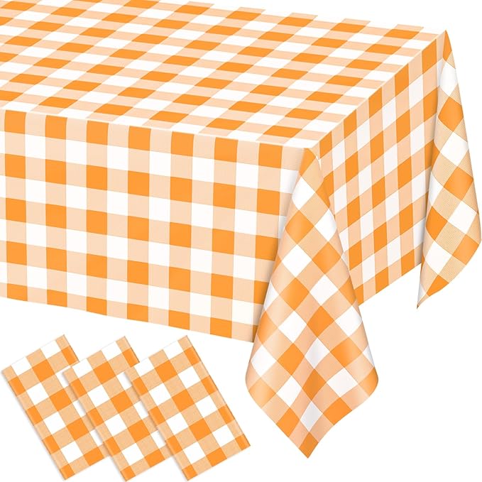 WNINK 3 Pack Orange and White Checkered Rectangular Plastic Tablecloths, Orange Gingham Waterproof Disposable Table Covers 54" x 108" for Birthday, Wedding, Outdoor Picnic Camping Parties