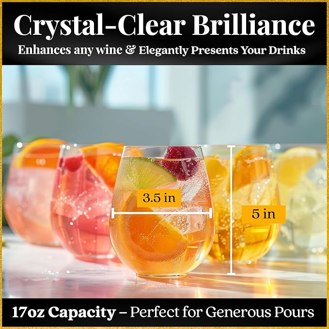 Improved Edition of Our 2017 New York Times Best Stemless Glass – Set of 6 European-Made Stemless Wine Glasses, Reinforced Base for Added Stability & Premium Feel, Dishwasher-Safe, Lead-Free, 17 oz.