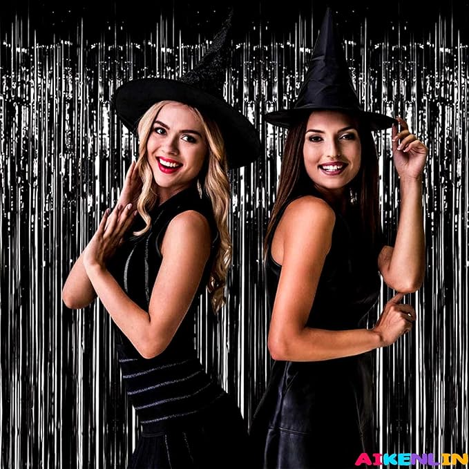 4 Pack Black Foil Fringe Curtain Backdrop, 3.2Ft x 9.8Ft Metallic Tinsel Foil Fringe Streamers Curtains for Party, Photo Booth Props, Birthday, Wedding, Christmas Party Decoration Supplies