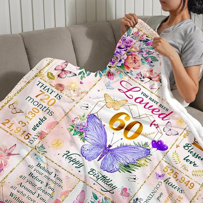 60th Birthday Gifts for Women, Super Soft Unique Fun Purple Butterfly Flower Blanket Gifts for Anniversary Christmas, 60th Birthday Decorations for Women, Cozy Warm Plush Fuzzy Fleece Blanket 60"x50"
