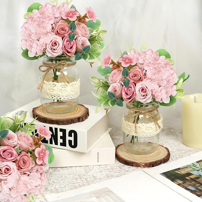 Set 10 Mason Jar Table Centerpiece - Wedding Centerpieces for Tables, Mason Jar Flower Centerpiece Vases Decor- Boho Farmhouse Rustic for Engagement, Bridal Shower, Wedding, Versatile Decor (Pink)