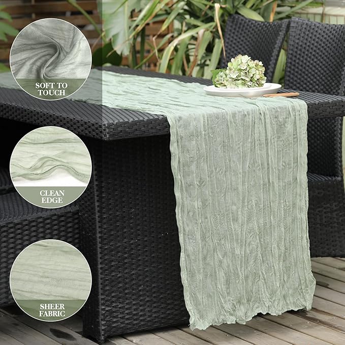 Le courant 10Ft Cheesecloth Table Runner, Rustic Boho Gauze Cheese Cloth Runner Table Runner for Weddings Bridal Baby Shower Birthday Holiday Parties Home Decor, Sage Green