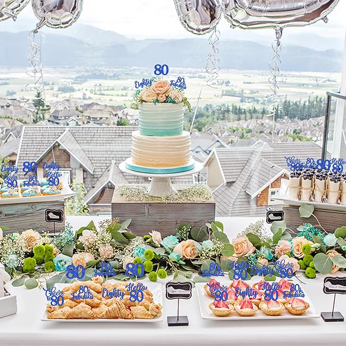 30PCS Happy 80th Birthday Cupcake Toppers Glitter Eighty Cheers to 80 Years Old Birthday Cupcake Picks Hello 80 Fabulous Cake Decorations for Happy 80th Birthday Anniversary Party Supplies Blue