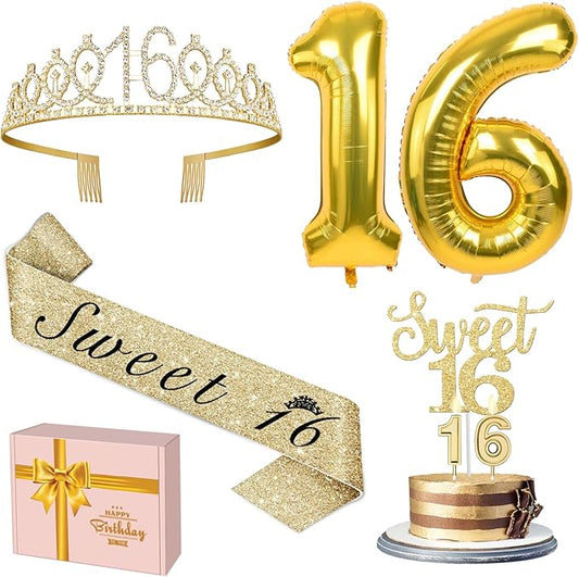 16th Birthday Decorations for Girls Gold with Sweet 16 Sash and Tiara, Cake Topper and Candles, Number Balloons, Sweet 16 Party Decoration Gifts