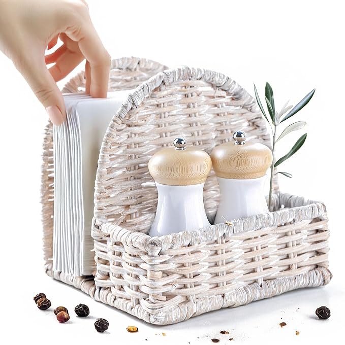 Rattan Napkin Holder with Salt & Pepper Organizer – 5.5"x5.5"x5.5" Cute Wicker Napkin Holder for Kitchen, or Dining Table, Handwoven Boho Organizer Tray (White Wash)