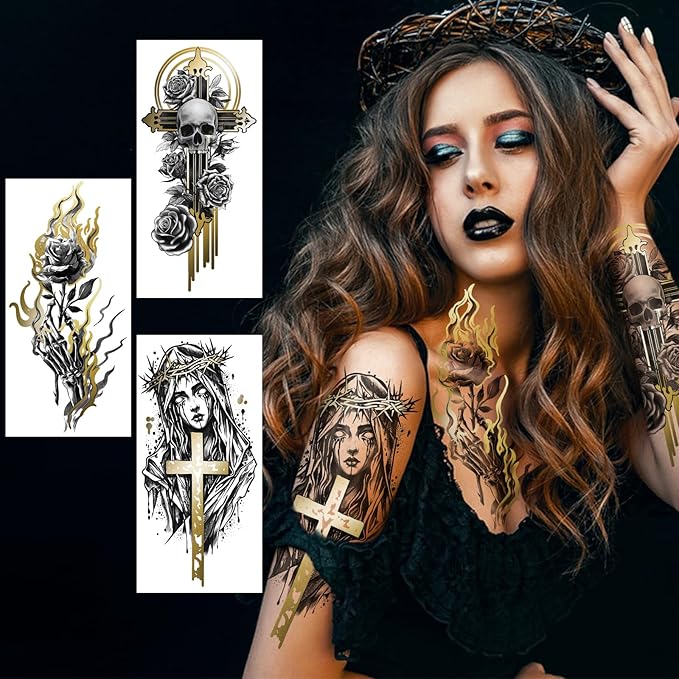 42 Sheets Metallic Gothic Temporary Tattoo for Women Men, 12 Half Arm Golden Skull Cat Floral Fake Tattoos, 30 Black Glitter Rose Butterfly Spider Halloween Tiny Adult Kid Body Tattoos Stickers