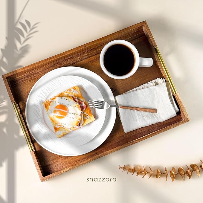 Acacia Wood Serving Tray - Set of 3 with Golden Steel Handles 18", 16" & 14" with 6 Coasters - for Coffee Table, Ottoman in Living Room, Breakfast in Bed, Jewelry, Decorative