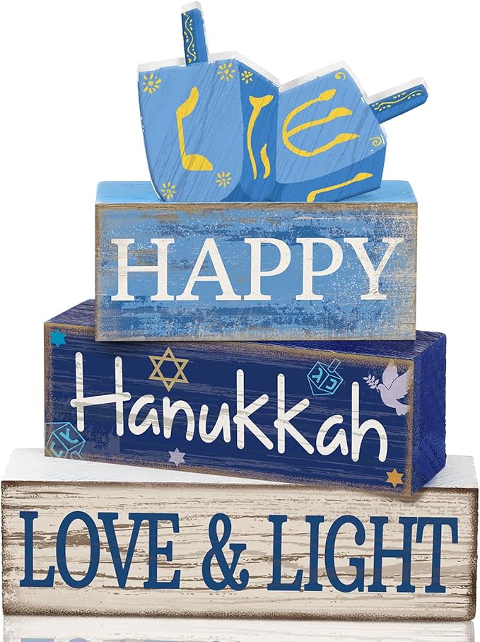 4 Pcs Hanukkah Table Decorations Chanukah Tiered Tray Decor Dreidel Star of David Wooden Block Signs Blue and White Jewish New Year Judaism Hanukkah Decor for Home Kitchen Mantel Party