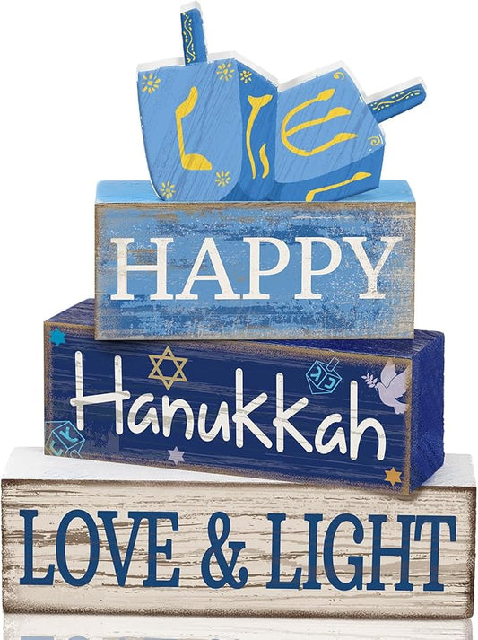 4 Pcs Hanukkah Table Decorations Chanukah Tiered Tray Decor Dreidel Star of David Wooden Block Signs Blue and White Jewish New Year Judaism Hanukkah Decor for Home Kitchen Mantel Party