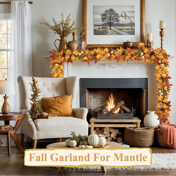 Fall Garland with Lights Outdoor 6FT Autumn Fall Leaves Garland with Pinecones Berries 30 Warm Lights Thanksgiving Christmas Fall Decorations for Home Table Farmhouse Porch Fireplace (Fall Orange)