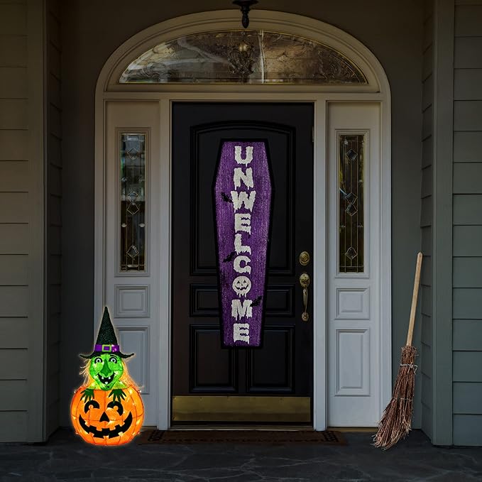 National Tree Company Pre Lit Lighted Sign Decoration, Orange, Pumpkin and Witch, LED Lights, Halloween Collection, 28 Inches