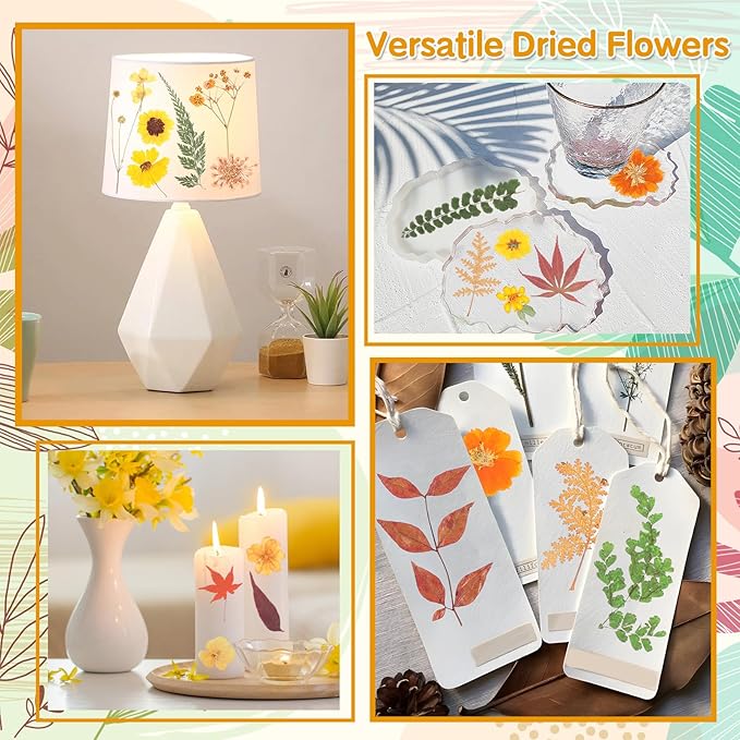 Real Dried Pressed Flowers for Crafts, 100+ PCS Fall Dried Flowers Leaves Nature Flowers Florals Set with Tweezer for Resin Jewelry Making Thanksgiving DIY Candle Scrapbooking Gift (Orange, Yellow)
