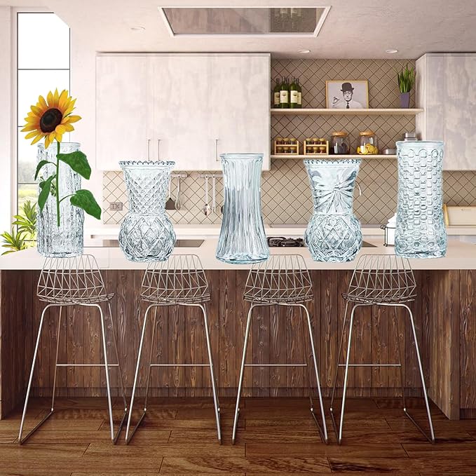 Glass Bud Vase Set of 5: Eylkoi Clear Vases for Centerpieces Decorative, Vintage Embossed in Bulk Crystal Textured Cute, Wedding Decor Mini Flower Floral Vase for Rustic Wedding, Home Table, Party