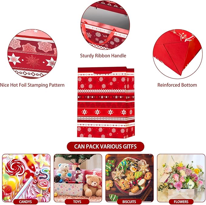 24 PCS Christmas Bags for Wrapping Holiday Gifts,Hot Stamping Foil Festival Bag Bulk Set with Snowman, Reindeer,Christmas Stocking/Cane/Tree, Snowflake, Gin Design - 6 X-Large,6 Large,6 Medium,6 Small