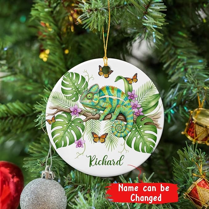 Chameleon Ceramic Ornament Christmas 2025, Personalized Choose Name Chameleon Lover Ornament, Reptile Hanging Xmas Tree Keepsake, Custom Animal Decoration, Chameleons Animal Ornaments with Nature