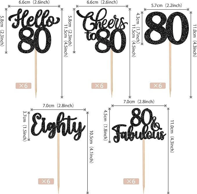 30PCS Happy 80th Birthday Cupcake Toppers Glitter Eighty Cheers to 80 Years Old Birthday Cupcake Picks Hello 80 Fabulous Cake Decorations for Happy 80th Birthday Anniversary Party Supplies Black