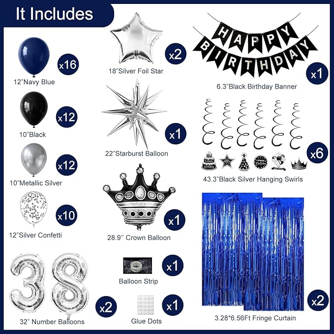 38th Birthday Decorations for Men and Women, Black Blue Silver Happy Birthday Number 38 Balloons, Banner, Fringe Curtains Garland Kit - 38 Year Old Party Supplies