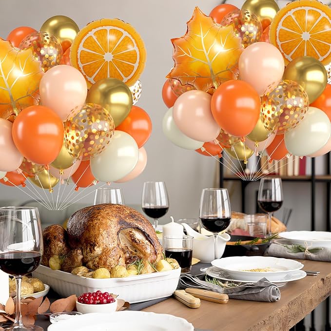 Fall Balloons,12 Inch Pastel Orange White and Gold Confetti Balloons with Leaf Citrus Foil Balloon for Fall Baby Shower Autumn Birthday Wedding Halloween Thanksgiving Party Decorations
