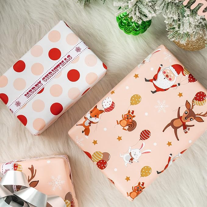 WRAPAHOLIC 30 Inch Jumbo Reversible Christmas Wrapping Paper - 30 Inch x 33 Feet - Red and Pink Dancing Santa Claus Reindeer and Colorful Polka Dots Design for Christmas, Holiday, Party